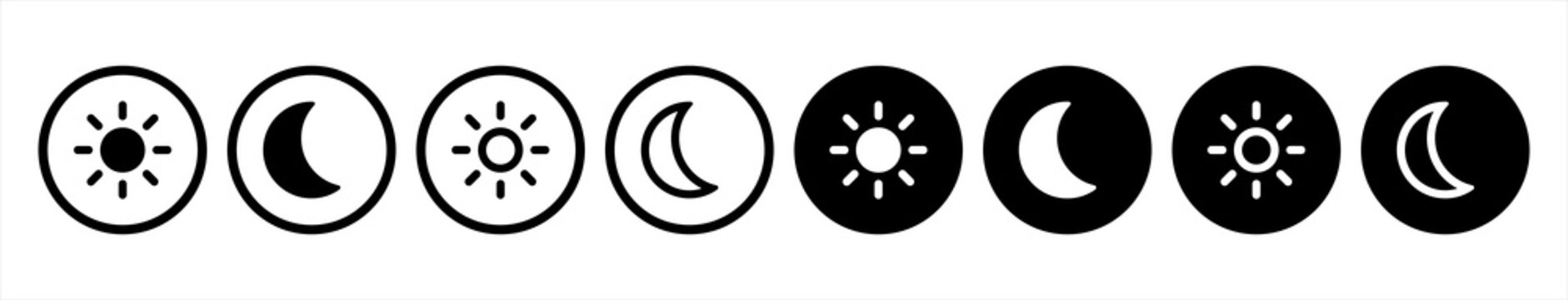 Day and night, dark and light modes. Screen modes icons set. Screen brightness and contrast level control icons. Day night switch. Vector Illustration