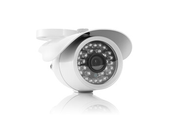 Three-quarter view of round white outdoor surveilance camera with led lights on white background with reflection underneath