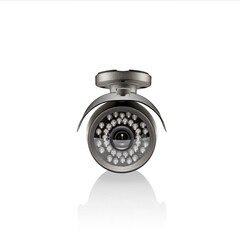 Fototapeta premium Front view of round carbon outdoor surveilance camera with led lights on white background with reflection underneath