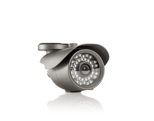 Three-quarter view of round carbon outdoor surveilance camera with led lights on white background...