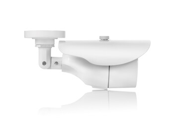 Side view of round white outdoor surveilance camera with led lights on white background with...