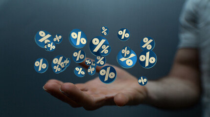 Exploding discount cubes with percent symbols 3d.