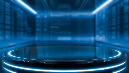 Futuristic table pedestal for display with illuminated light. Blank Glossy podium for product. Stage and sci-fi concepts. 3d illustration.