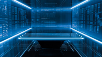 Futuristic table pedestal for display with illuminated light. Blank Glossy podium for product. Stage and sci-fi concepts. 3d illustration.