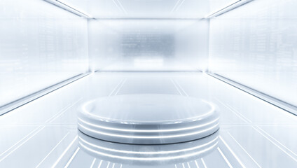 Futuristic pedestal for display with illuminated light. Blank Glossy podium for product. 3d illustration.