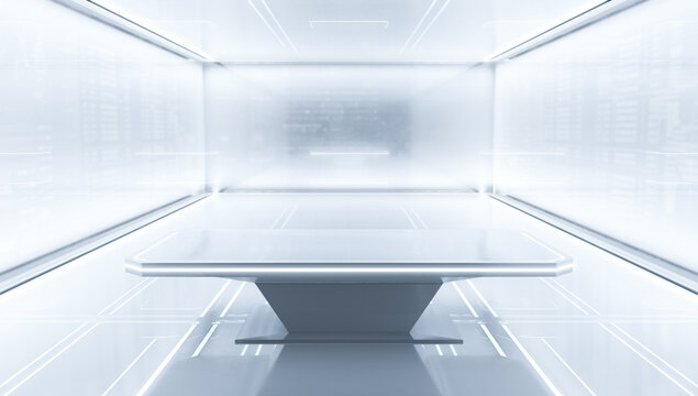 Futuristic pedestal for display with illuminated light. Blank Glossy podium for product. 3d illustration.