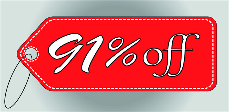 91 percent off red tag. 91 percent discount tag for offers and promotions