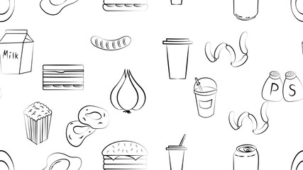 Black and white endless seamless pattern of food and snack items icons set for restaurant bar cafe: sandwich, burger, soda, drink, popcorn, lemonade, sausage. The background