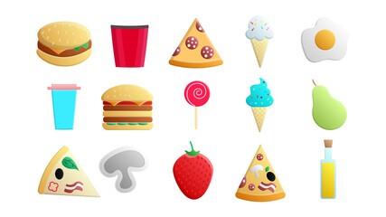 Set of 15 icons of items of delicious food and snacks for a cafe bar restaurant on a white background: ice cream, burger, pizza, popcorn, drink, pear, strawberry