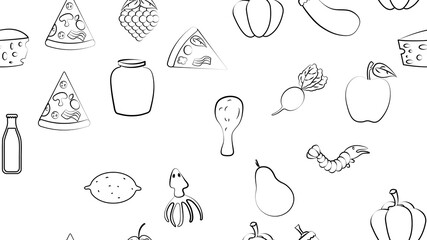 Black and white endless seamless pattern of food and snack items icons set for restaurant bar cafe: shrimp, pizza, grapes, radish, soda, eggplant, squid, apple, cheese, lemon. The background