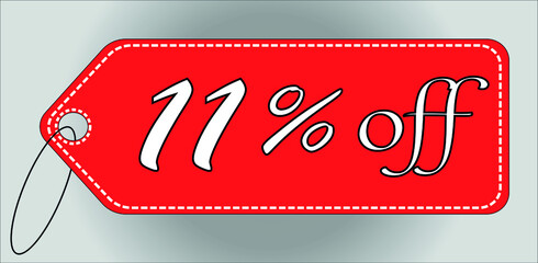 11 percent off red tag. 11 percent discount tag for offers and promotions