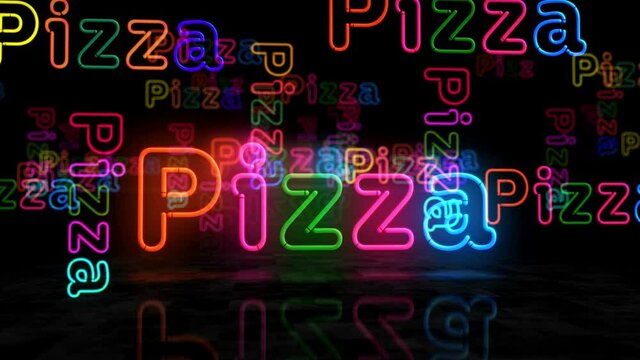 Pizza neon glowing symbol. Light color bulbs. Street food and italian restaurant abstract concept 3d animation.