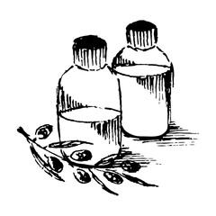 Olive oil by hand drawing sketch. Black and white clip art isolated on white background. Antique vintage engraving illustration. Background for design of postcard, poster, banner.