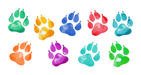 Fototapeta na wymiar isolated hand drawn water color animal footprints. silhouette of a paw print. Vector Illustration. 