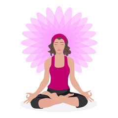 A young girl is doing yoga in the Lotus position. The concept of yoga, meditation, relaxation, harmony. the illustration is made in a flat style.