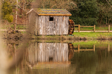 Calm rural scenery with a small wooden cabin by the lake