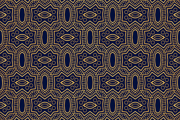 3d volumetric convex embossed geometric dark blue background with ethnic gold pattern. Oriental, Asian, Indian original ornament for design and decoration.