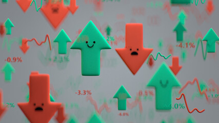 Cartoon arrows and stock market data 3D render