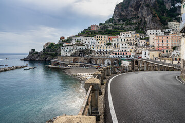 Scenic road bend on Amalfi Coast in the small town of Atrani, Italy