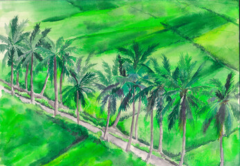 Watercolor landscape with palms and path. Hand drawn background. Bali, Indonesia