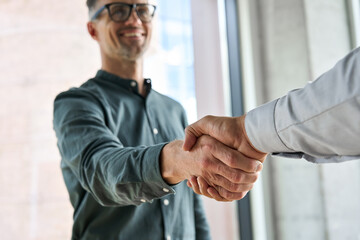 Two happy diverse professional business men executive leaders shaking hands at office meeting....