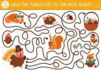 Fototapeta premium Thanksgiving Day maze for children. Autumn holiday preschool printable activity. Fall labyrinth game or puzzle with cute bird, forest animals, apples. Help turkey get to the fruit basket.