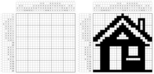 Home Icon Nonogram Pixel Art, Logic Puzzle Game Griddlers, Pic-A-Pix, Picture Paint By Numbers, Picross, House, Residence, Villa, Realty Icon