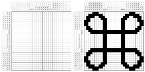 Fototapeta premium Looped Square Icon Nonogram Pixel Art, Logic Puzzle Game Griddlers, Pic-A-Pix, Picture Paint By Numbers, Picross, Square With Outward Pointing Loops At Its Corners