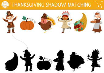 Thanksgiving shadow matching activity with turkey, pilgrim, pumpkin. Autumn puzzle with traditional holiday symbols. Find correct silhouette printable worksheet or game. Fall page for kids. - obrazy, fototapety, plakaty
