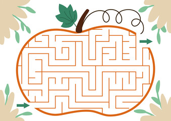 Thanksgiving Day maze for children. Autumn or Halloween holiday preschool printable activity. Fall geometric labyrinth game or puzzle shaped like pumpkin. Harvest themed page for kids.