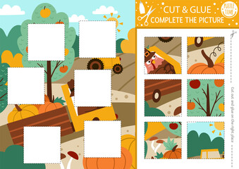 Vector Thanksgiving day cut and glue activity. Autumn crafting game with cute farm harvest scene with turkey. Fun printable worksheet for children. Find the right piece of the puzzle. Complete picture