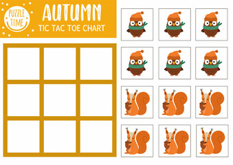 Vector autumn forest tic tac toe chart with cute owl and squirrel. Woodland board game playing field with animal and bird. Funny printable worksheet for kids. Fall noughts and crosses grid .