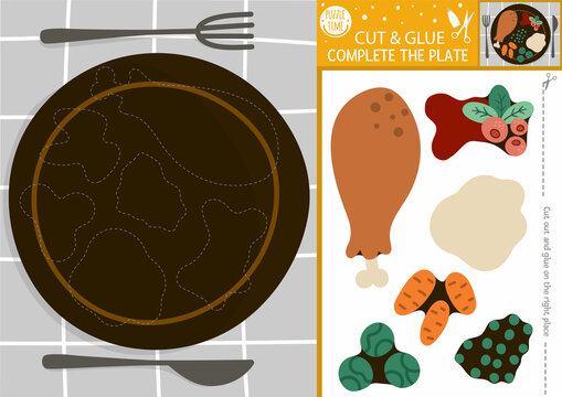 Vector Thanksgiving Or Christmas Cut And Glue Activity. Autumn Crafting Game With Dish, Fork, Knife, Holiday Food. Fall Printable Worksheet For Kids With Turkey, Sauce, Veggies. Complete The Plate .