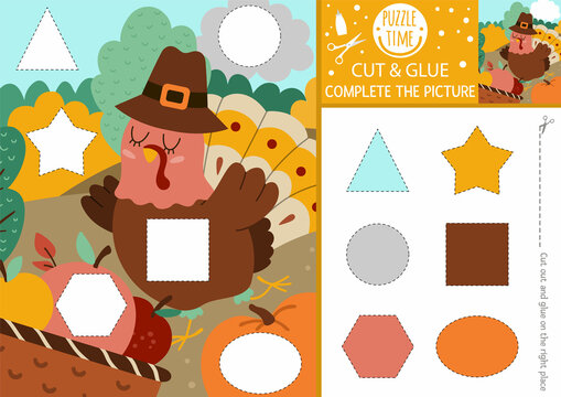 Vector Thanksgiving day cut and glue activity. Autumn crafting game with cute farm harvest scene with turkey. Fun printable color and shape recognition worksheet for children. Complete the picture.