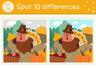 Find differences game for children. Thanksgiving educational activity with funny turkey, apple basket, pumpkins. Printable worksheet. Autumn holiday puzzle for kids. Fall preschool sheet.