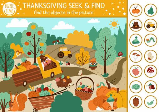Vector Thanksgiving searching game with cute animals in the farm field. Spot hidden objects in the picture. Simple seek and find autumn educational printable activity. Fall holiday family quiz.
