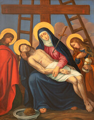 VIENNA, AUSTIRA - JUNI 17, 2021: The painting  Deposition of the cross (Pieta) as part of Cross way stations in church Rochuskirche by unknown artist. - obrazy, fototapety, plakaty