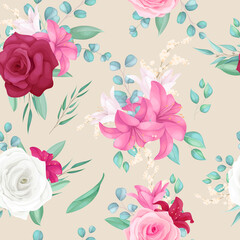 seamless pattern design with beautiful rose and lily flower