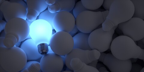 The best idea. Illuminated light bulb among the rest of the unlit bulbs. Blue left version. - obrazy, fototapety, plakaty