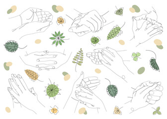 Silhouette Collection of human hands. Woman's brush in modern style with one line with plant leaves. Solid sketches for decor, posters, stickers, logo. Set of vector illustrations.
