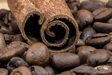 cinnamon sticks on the coffee roasted beans background in Brazil