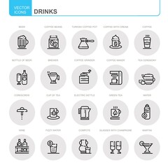 Drinks. Set of vector, linear icons. There are badges such as coffee, tea, water, cappuccino, champagne and others.
