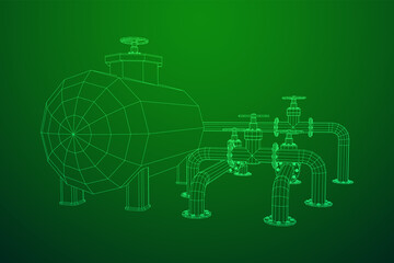 Oil tank storage of flammable materials and pipeline with valve. Finance economy polygonal petrol production. Petroleum fuel industry transportation line. Wireframe low poly mesh vector illustration.