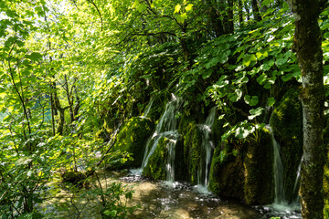 Waterfall with turquoise water in the Plitvice Lakes National Park, Croatia.
