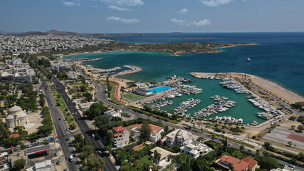 Fototapeta premium Aerial drone photo of 4th Marina of Glyfada a popular yacht anchorage with calm water beach next to it, Athens riviera, Attica, Greece
