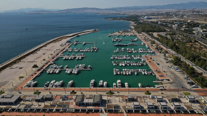 Aerial drone photo of famous Agios Kosmas marina a popular luxury yacht anchorage in Athens riviera next to former Athens international airport, Elliniko, Attica, Greece