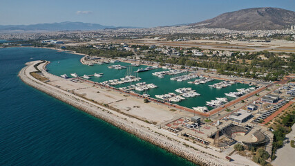 Aerial drone photo of famous Agios Kosmas marina a popular luxury yacht anchorage in Athens riviera...