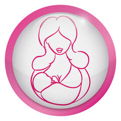 Pink button with mommy and baby in line style, Vector illustration