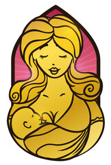Golden design with mom breastfeeding her baby like stained glass, Vector illustration