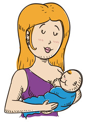 Blond mom with her baby in doodle style, Vector illustration